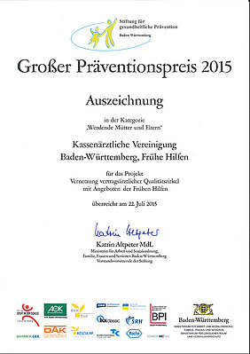 Großer Präventionspreis 2015, Urkunde