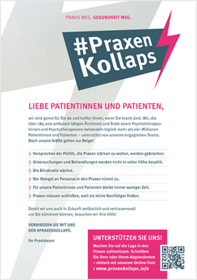 Poster, das Patienten und Patientinnen dazu aufruft, die Aktion #PraxenKollaps zu unterstützen.