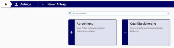Seite Auswahlmöglichkeit Abrechnung oder Qualitätssicherung des Online-Antragsservice im KVBW-Mitgliederportal