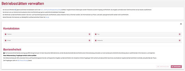 Mitgliederportal &bdquo;Praxisorganisation&ldquo;, &bdquo;Betriebsst&auml;tten verwalten&ldquo;