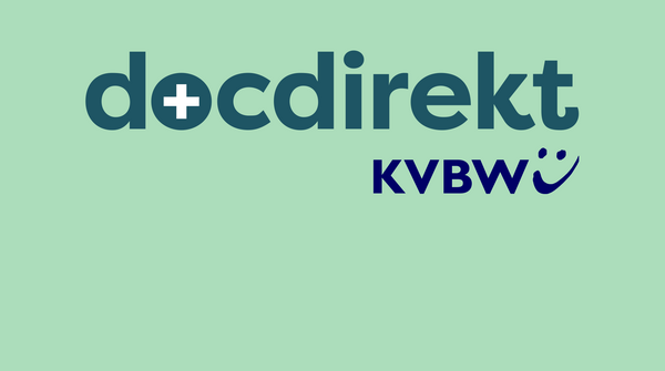 petrolfarbenes docdirekt-Logo auf mintfarbenem Hintergrund