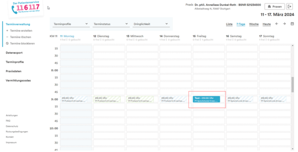 Die Abbildung zeigt, wie Sie als Praxis in der Software des 116117 Terminservice einen gebuchten Termin auswählen, den Sie absagen möchten.
