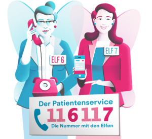 Patientenservice 116117 Elfen-Kampagne Patientenservice 116117 Elfen-Kampagne: Elf 6 am Telefon, Elf 7 mit Smartphone