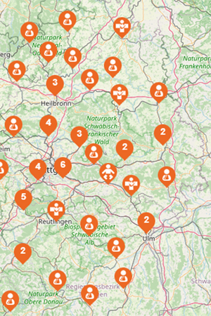 Standorte der Notfallpraxen als Pins im Ausschnitt aus einer Landkarte