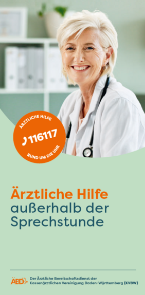 Titelseite des Flyers zum Ärztlichen Bereitschaftsdienst zeigt eine lächelnde Ärztin