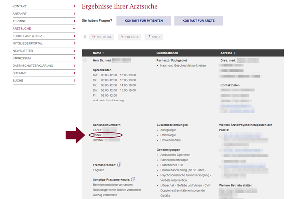 Arztsuche-Detaildatensatz Stelle mit BSNR markiert