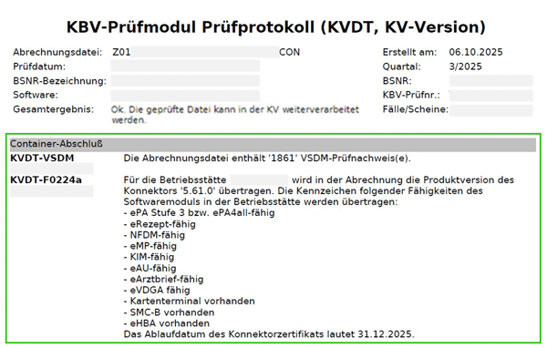 Screenshot des KBV-Prüfprotokolls der Abrechnungsdatei mit den installierten Fachanwendungen der Telematikinfrastruktur