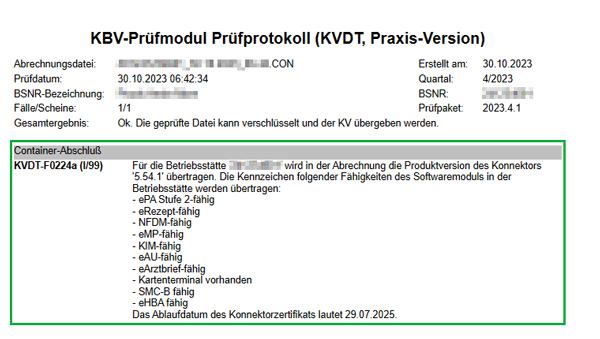 Screenshot des KBV-Prüfprotokolls der Abrechnungsdatei mit den hinterlegten Fachanwendungen der Telematikinfrastruktur